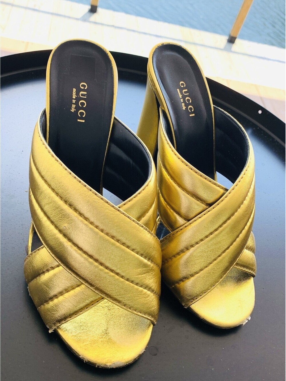 Authentic Gucci Webby Gold Metallic Quilted Leather Mules Slide Sandals 38.5 - Picture 6 of 15
